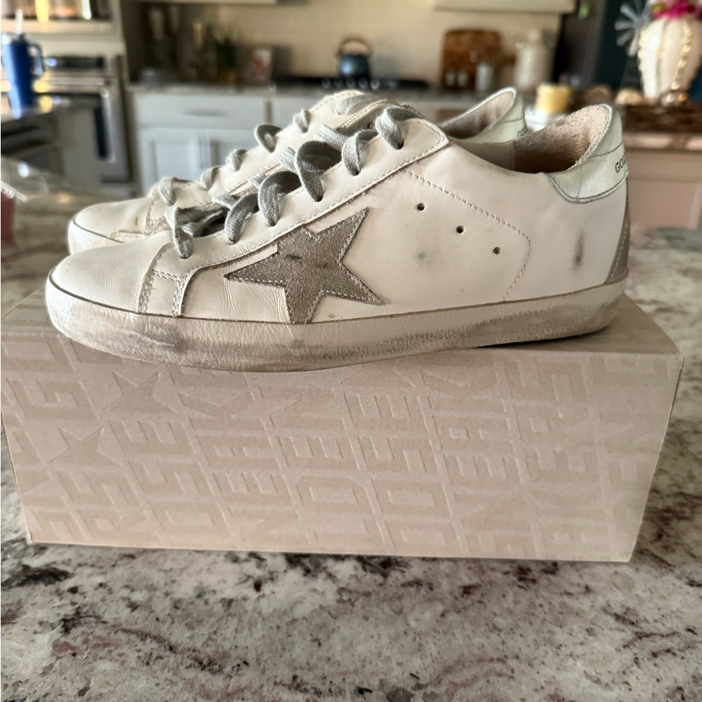 Golden Goose White and Silver Sneakers